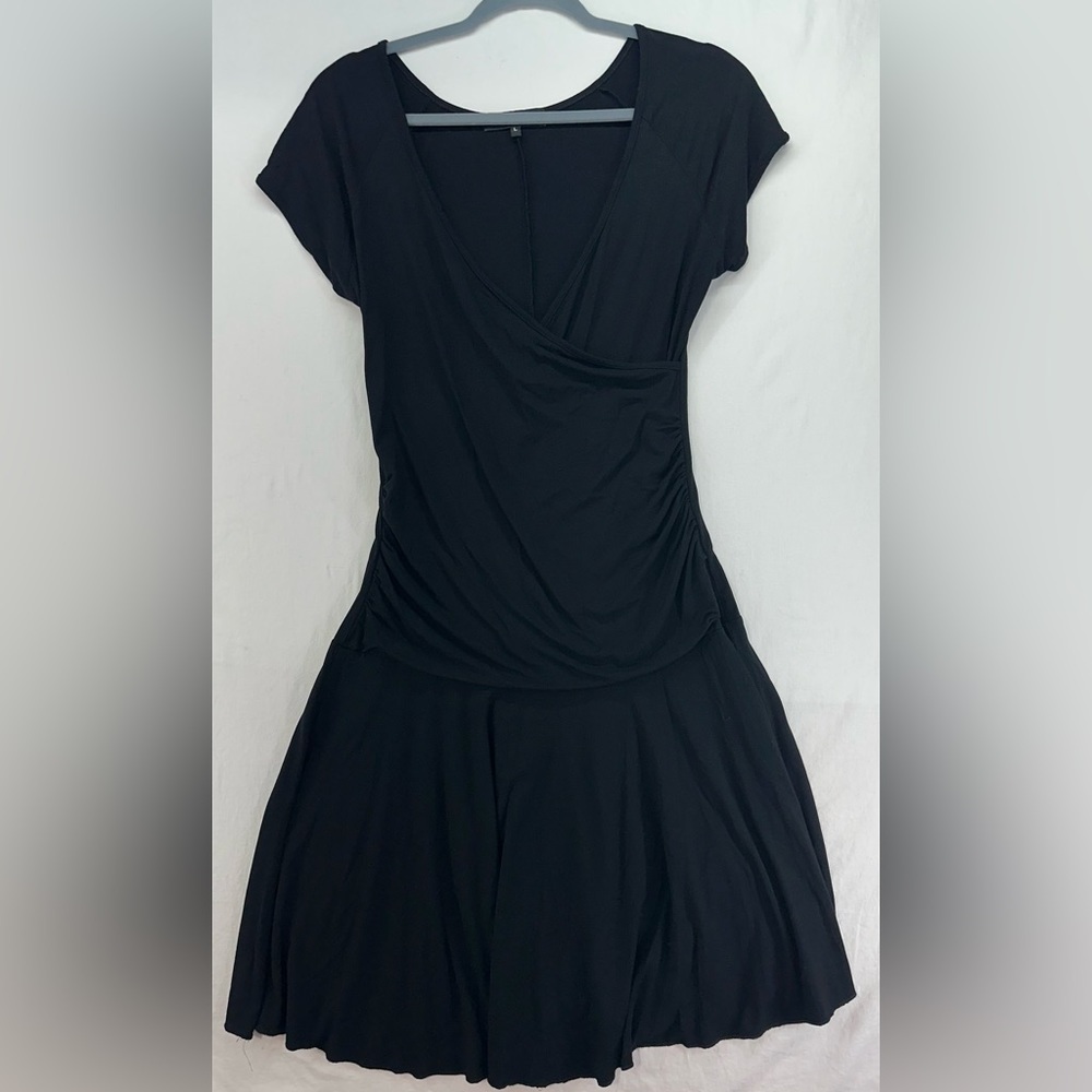 Anatomie Black Faux Wrap Ruched Travel Midi Dress Size L